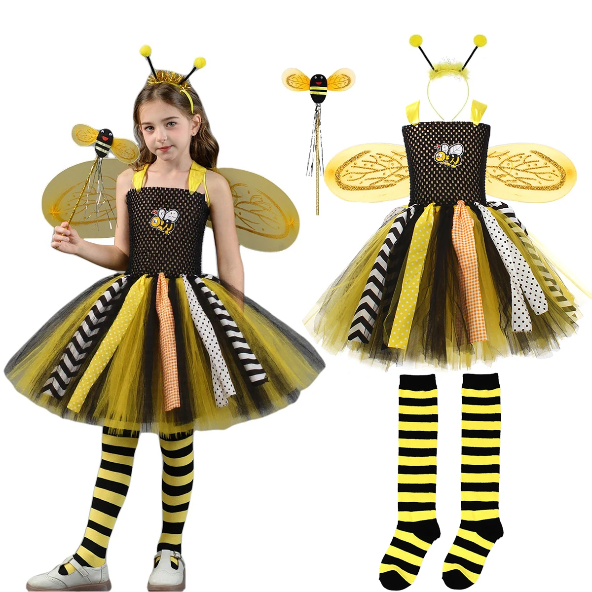 Kids Bumble Bee Costume Bumble Bee Tutu Dress with Wing for Girls Birthday Party Outfit Children Cosplay Party Halloween Clothes