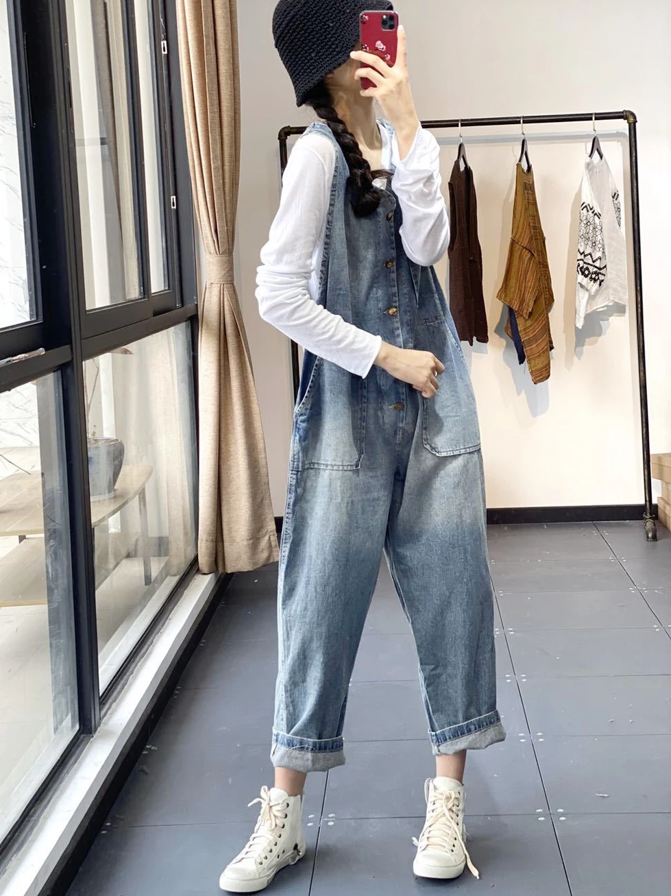 

Свободный хлопковый джинсовый комбинезон на лето, повседневный, омолаживающий, художественный, больших размеров, на пуговицах, в корейском стиле, с жилетом и брюками