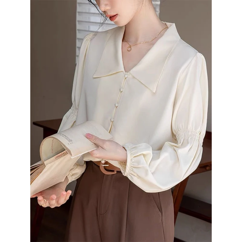 Women Autumn Vintage Simplicity Solid Color Polo-Neck Long Sleeve Chiffon Shirts Ladies Fashion All-match Appear Thin Trend Tops