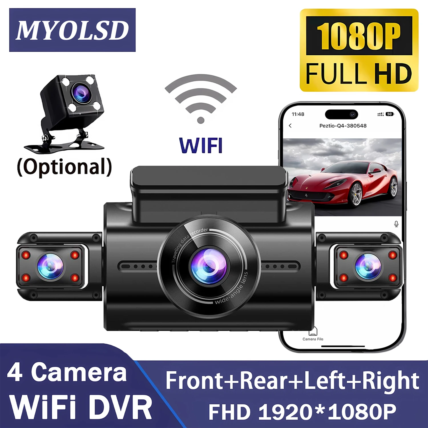 4-Linsen-360-Grad-1080P-Dashcam für Autos, WIFI-App, Auto-DVR, 4-Kanal-Frontkamera, Videorekorder, Rückfahrkamera, 24-Stunden-Parküberwachung