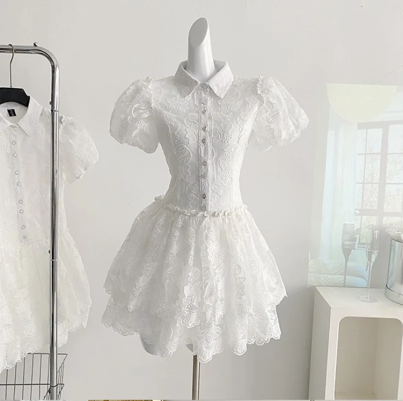 

Lace Embroidery White Mini Dress Bodycon Vintage Turn-down Neck Elegant Women's Clothing Puff Sleeve Luxury Design Vestidos