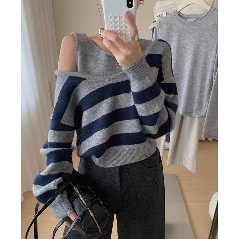 Kleurcontraststreep nep tweedelige off-shoulder trui herfst winter dames losse bovenkleding O-hals gebreide trui met lange mouwen