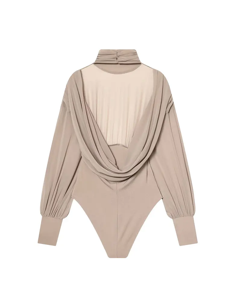 TFAFXY 女性のセクシーな半透明のボディスーツ 2025 秋冬ハイネック長袖背中の開いたスキニープレイスーツジャンプスーツ Y2K