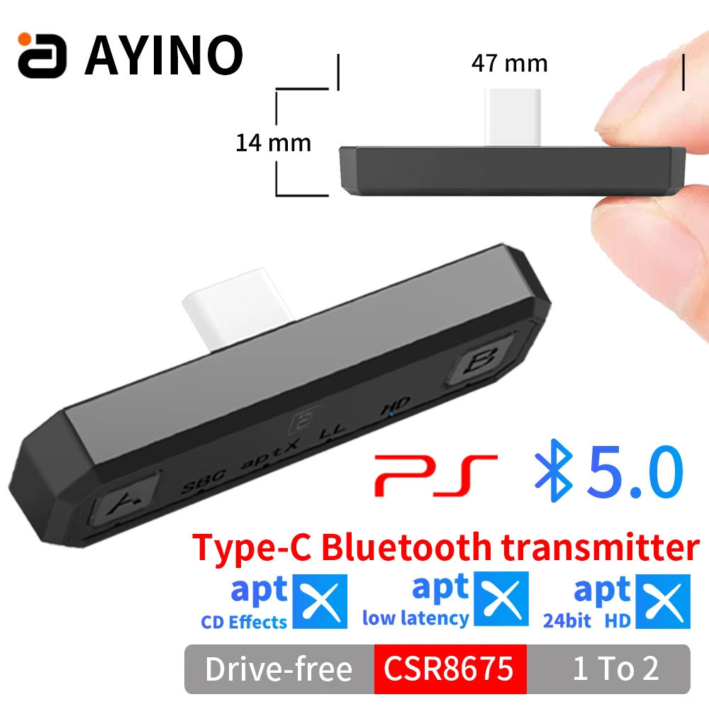 AYINO MR285 Bluetooth 5.0 Wireless Audio Transmitter APTX HD/LL USB Type C Transceiver Adapter For Nintendo Switch Lite PS4 TV