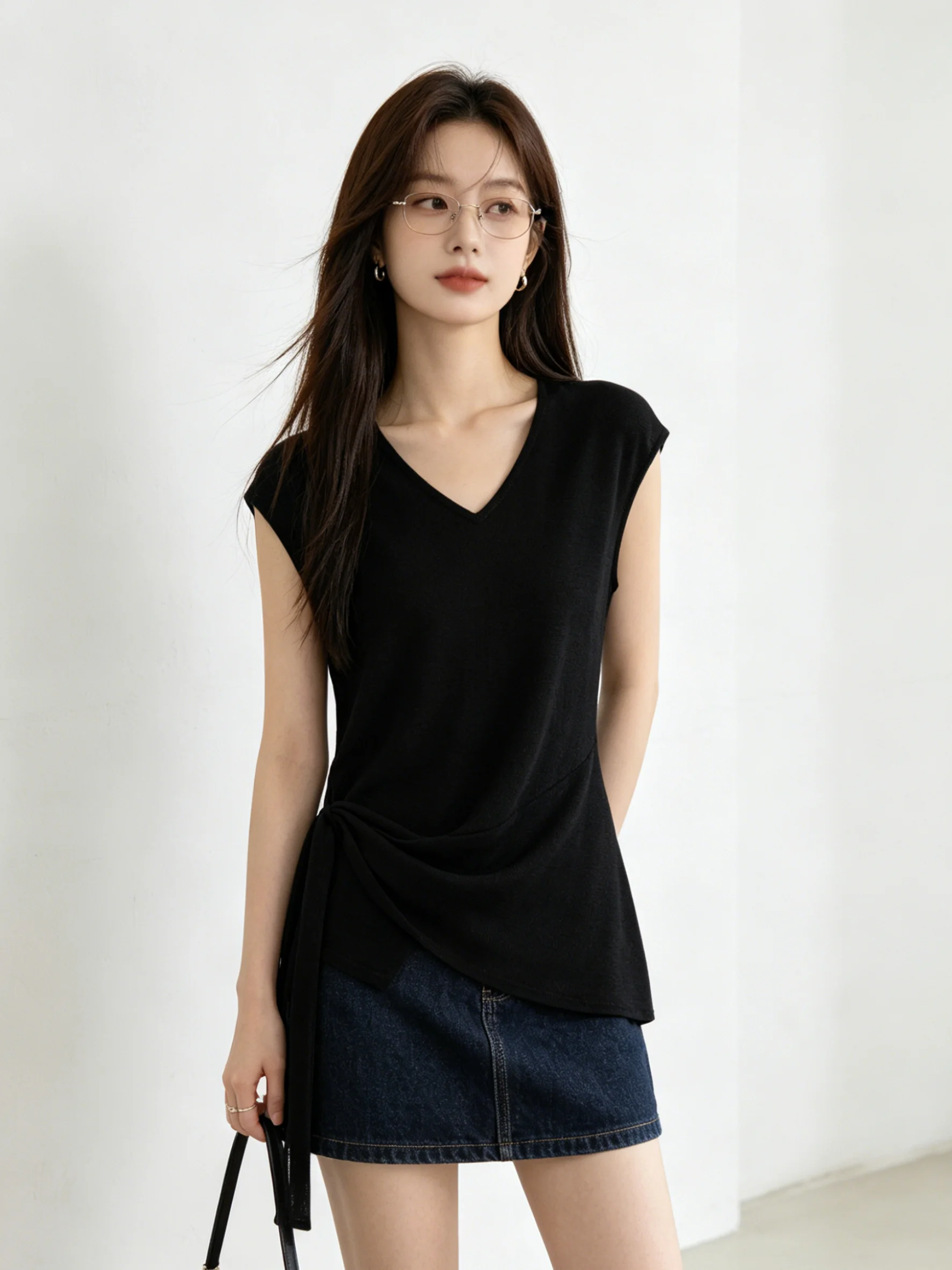

Korean Style V-Neck Sleeveless Top Women's Summer New Slimming Personality Asymmetrical Belted T-Shirt Vest Small Shirt