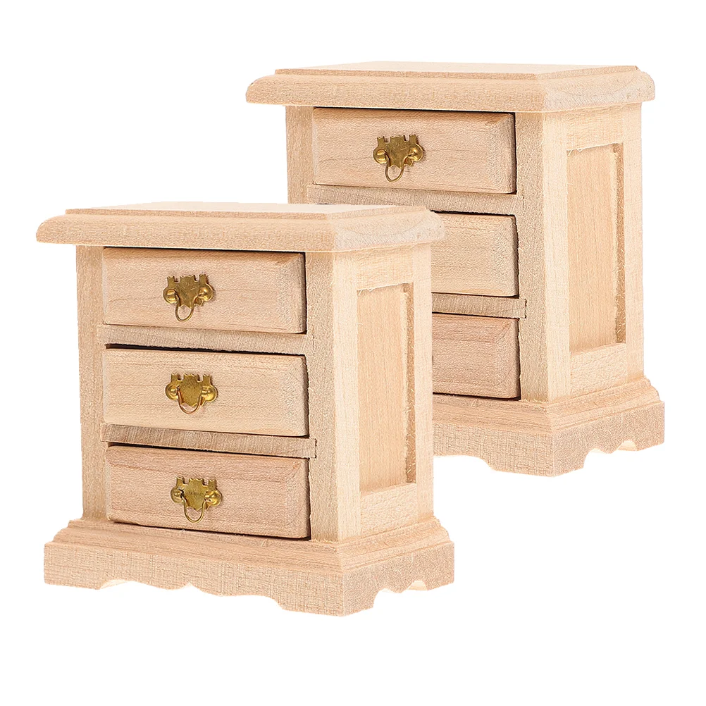 2 Pcs Cupboard Ornaments Dollhouse Bedside Table Night Stand Decor Wood Dolls Cabinet Miniature