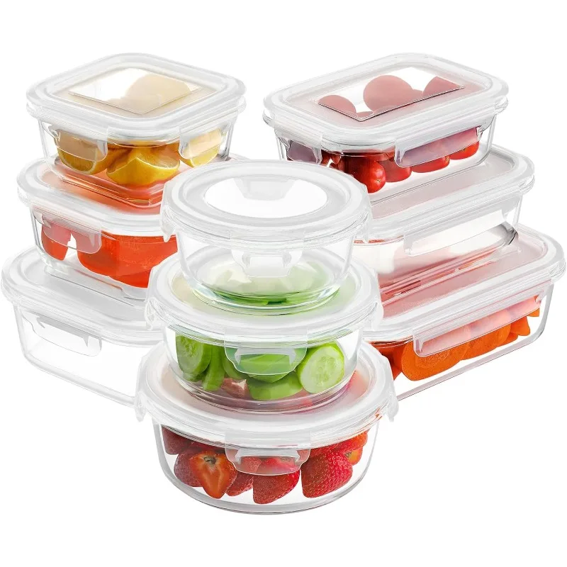 Glass Food Storage Container with Lid, [18 Pieces] Meal Preparation Container, Sealed Lunch Bento Box (9 LIDS and 9 Containers)