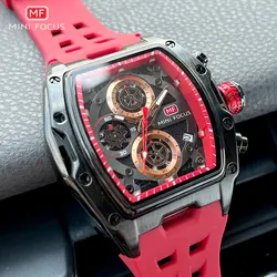 MINI FOCUS Men's Watch Fashion Sport Waterproof Chronograph Quartz Wristwatch with Luminous Hands Auto Date Red Silicone Strap