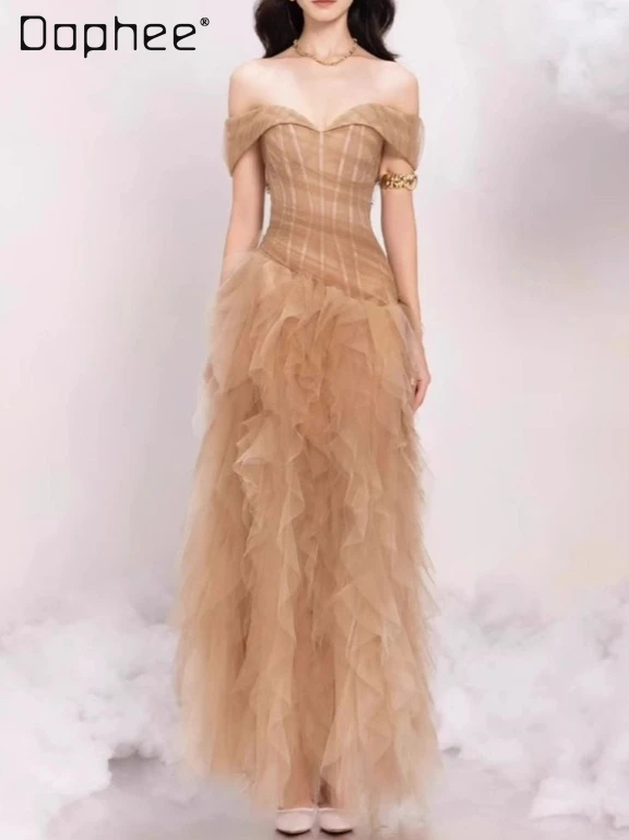 Robe de soirée élégante et gracieuse, haut de gamme, épaules dénudées, sans bretelles, Slim, en maille, Style féerique, Maxi, pour femmes