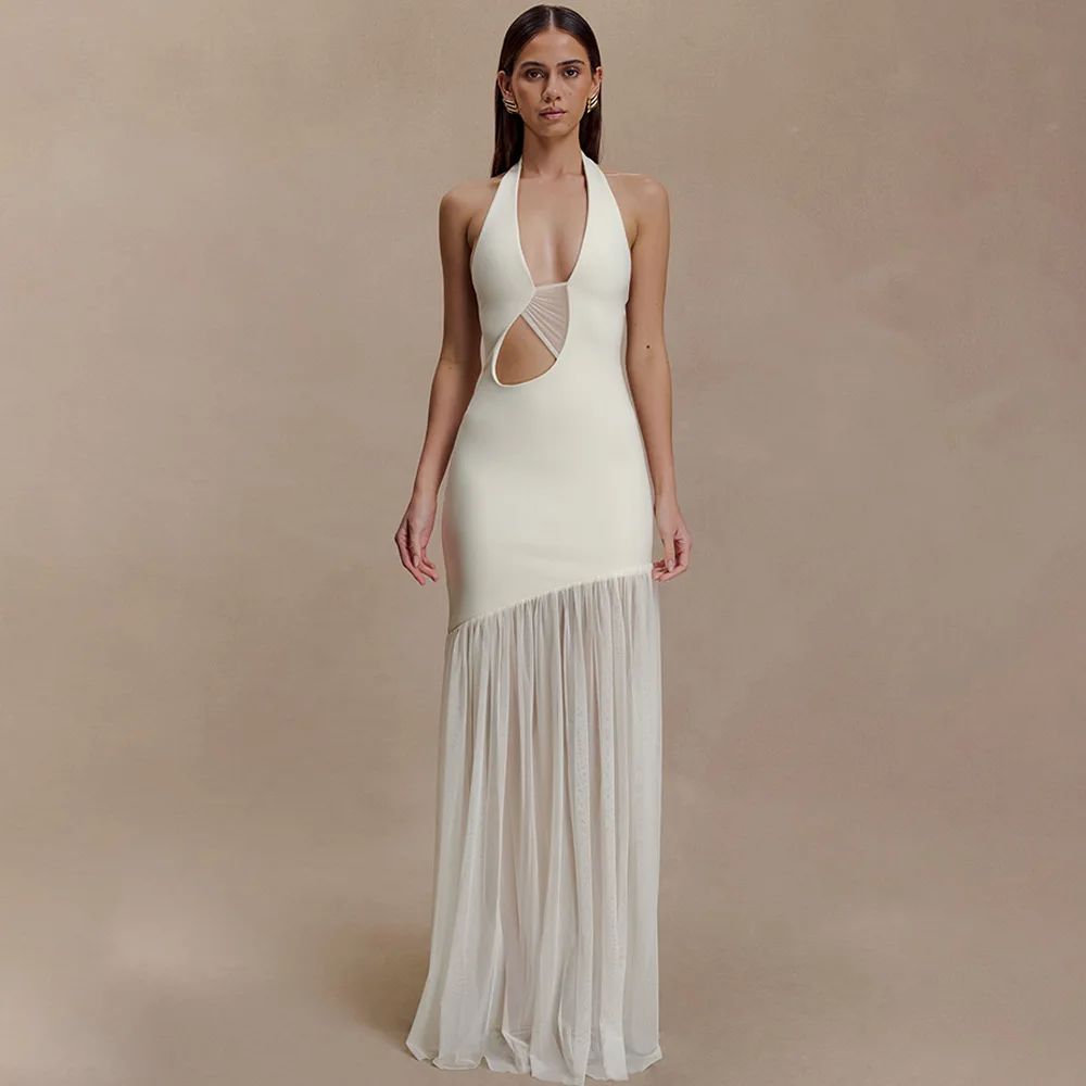 

Женское платье в стиле пэчворк с v-образным вырезом, облегающее платье без рукавов, женские вечерние длинные платья, сексуальное платье макси с открытой спиной и лямкой на шее