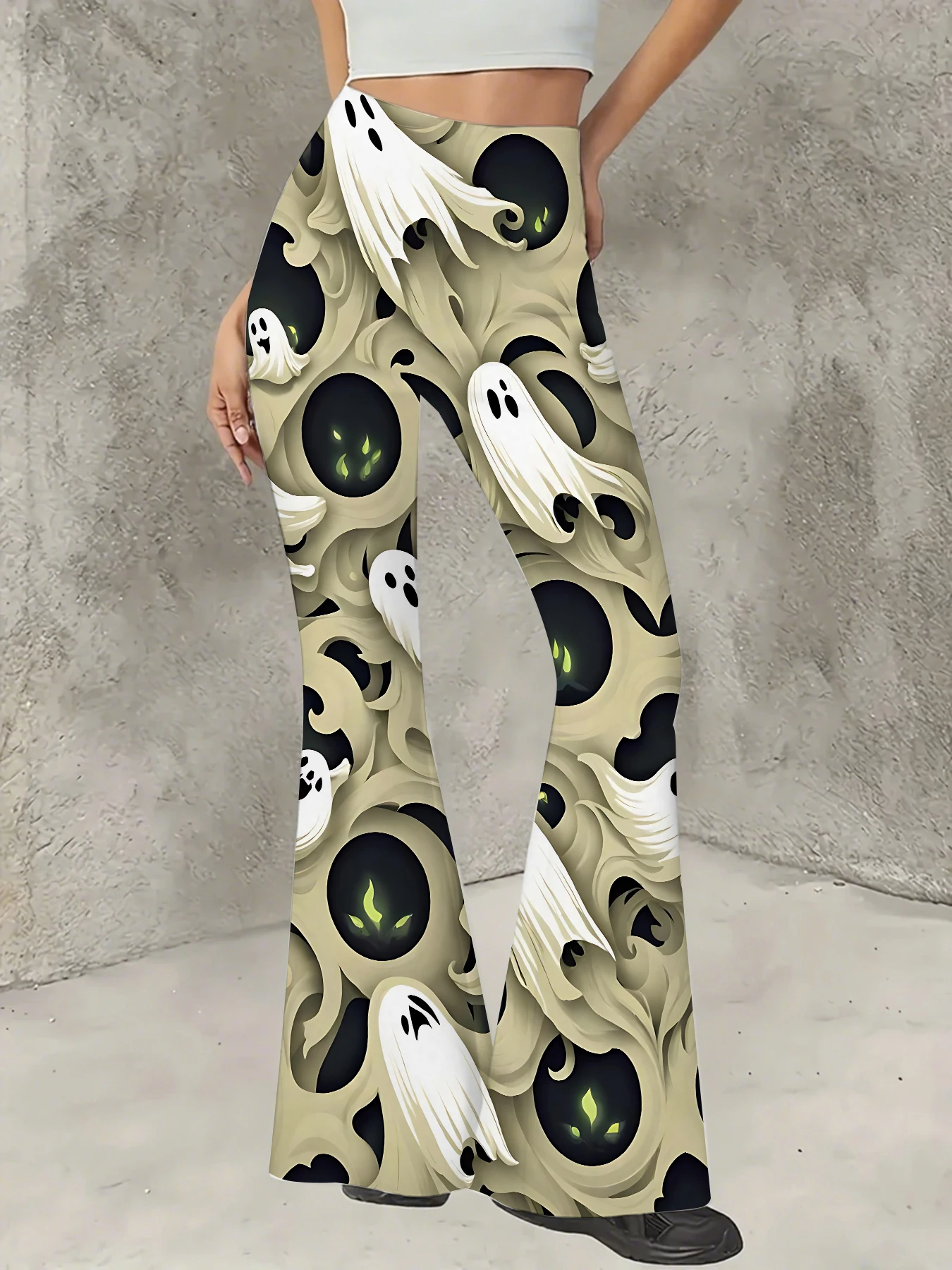 

Y2K Graphic Print Flare Pants Women High Waist Knit Bell Bottom Trousers
