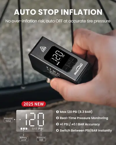 Imagen 2 del producto Mini bomba de bicicleta Magicshine AIRRO, bomba de bicicleta eléctrica máxima de 120 PSI, parada automática, con manómetro digital con Presta y Schrader
