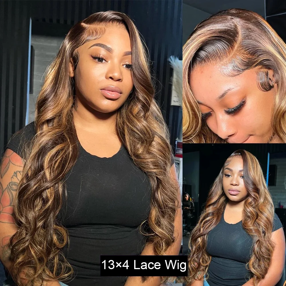 Highlight Brown Body Wave T Part Lace Front Wig Human Hair Wigs For Women Pre Plucked Honey Blonde Colored Cheap Hair Wigs