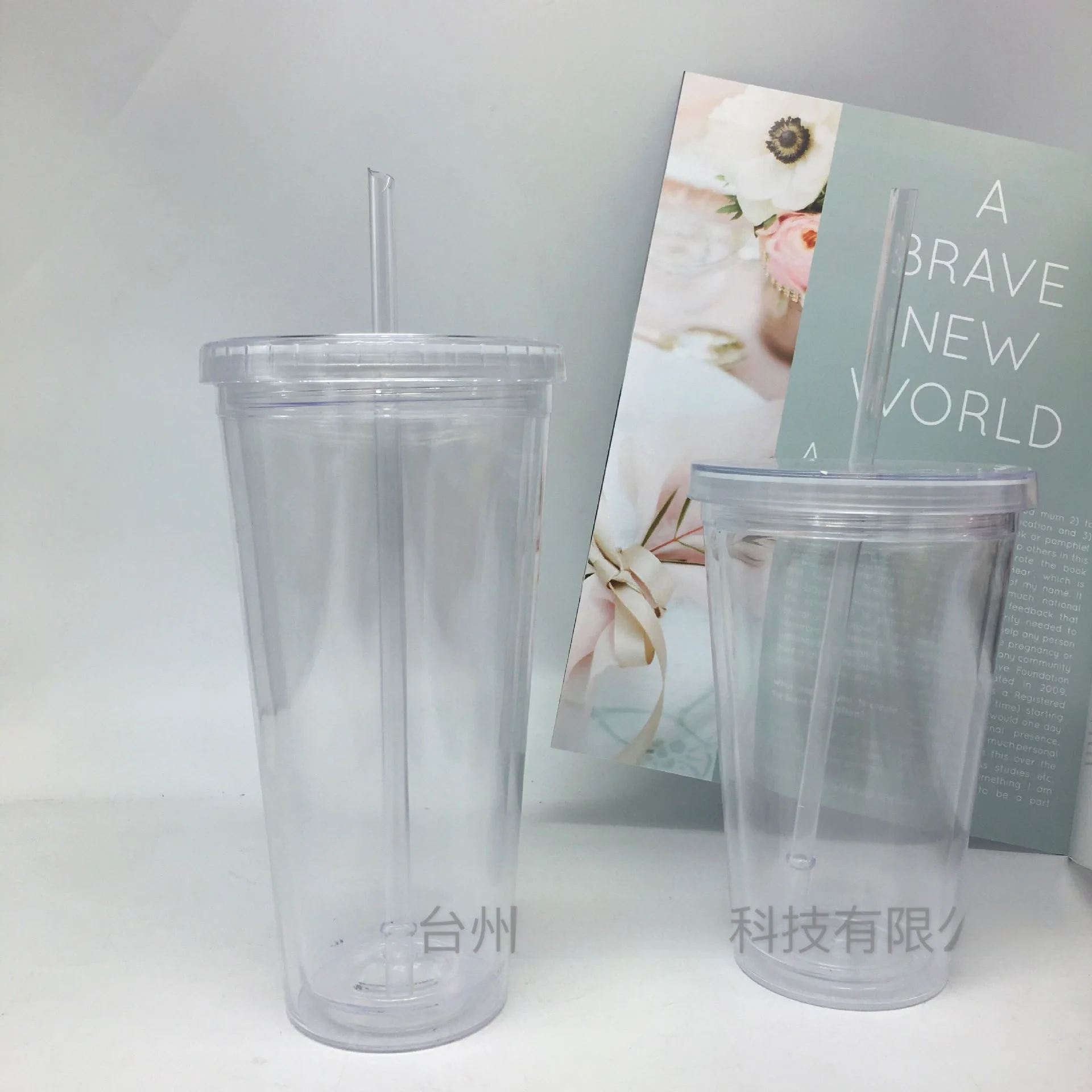 One-piece delivery Cup simple transparent double-layer plastic straw cup with lid portable cup large capacity household water Cu