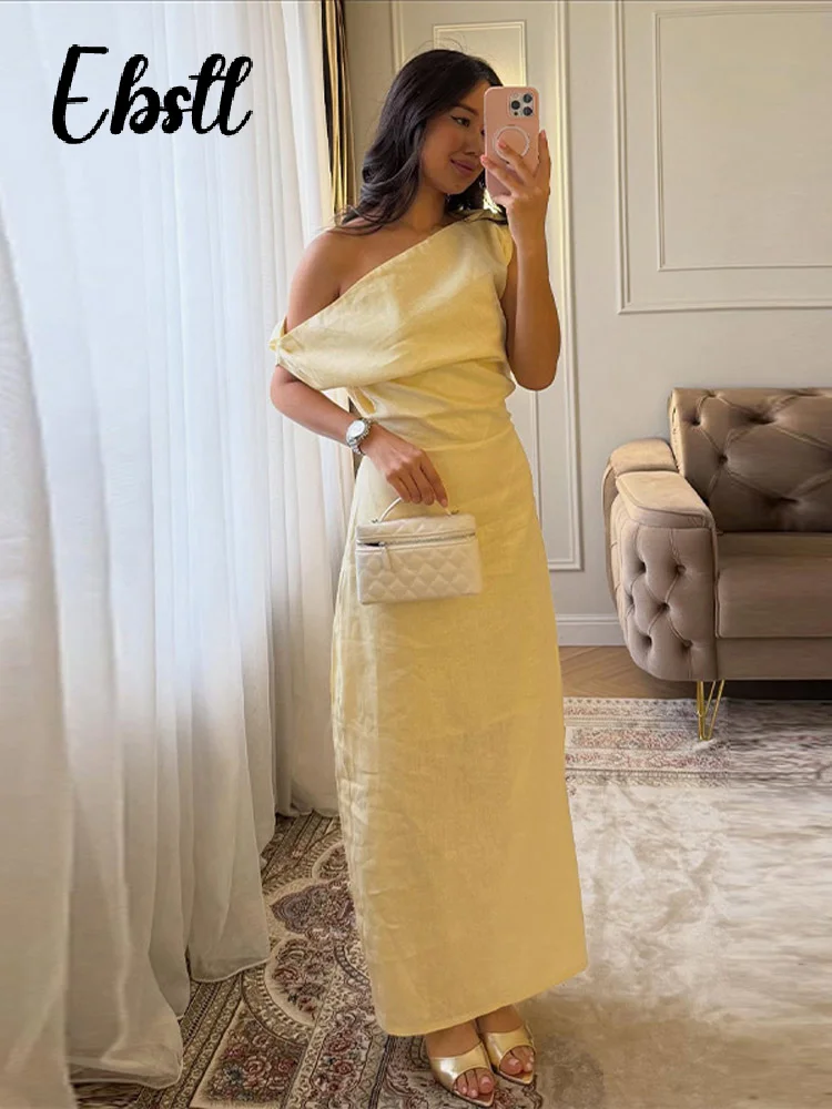 Solid One Shoulder Skew Collar Dress Women's Elegant Waist-cinching Sleeveless Split Long Dresses 2026 Summer Party Gowns