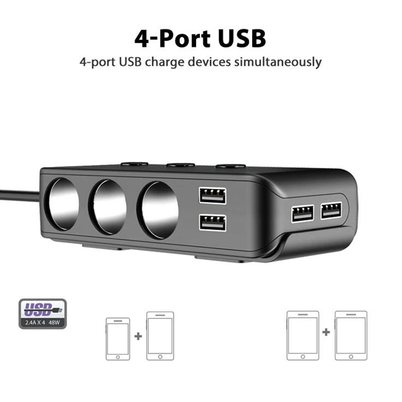 Car Charger Quick Charge Multi-Port 3 USB Port+1 QC3.0+3 Igniter + Back Clip Design +LED Display Suitable for Motorhomes