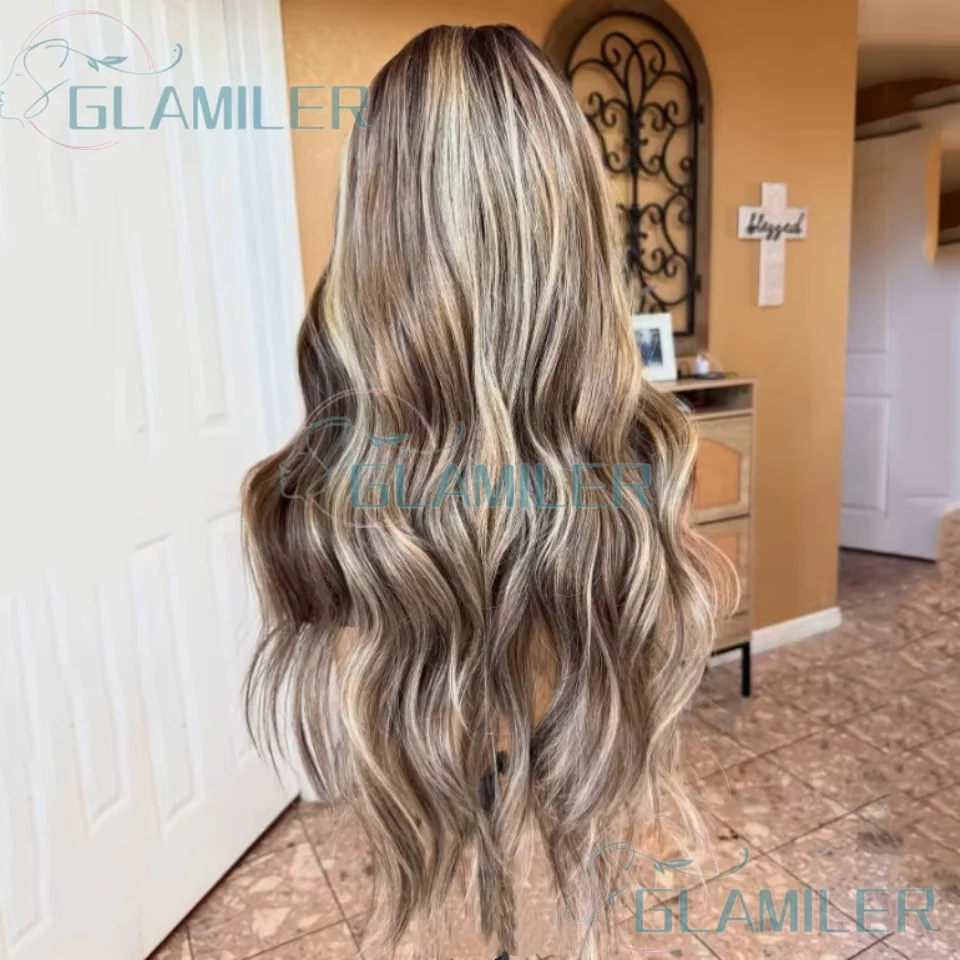 13x4 الدانتيل الجبهة الباروكات تسليط الضوء على أشقر بني فاتح # 613 شعر بشري مموج بدون صمغ باروكات دانتيل كاملة مع عقدة مبيضة