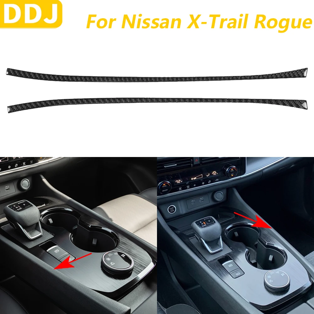 

For Nissan X-Trail Rogue 2021-2024 Carbon Fiber Gear Shift Water Cup Holder Both Side Decorative Strips Car Accessories Sticker