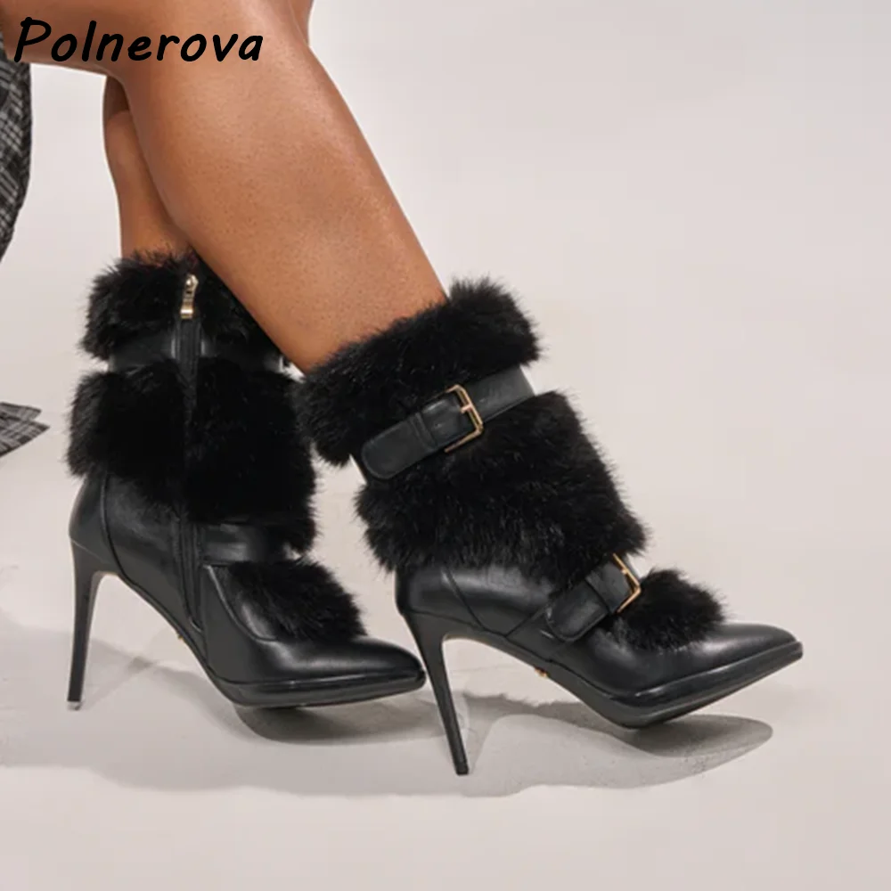 Fur Multi Buckle Mid Calf Boots Pointed Toe Fuzzy Wrap Metal Buckle Stiletto High Heel Shoes Gothic Winter Warm Trim Ankle Boots