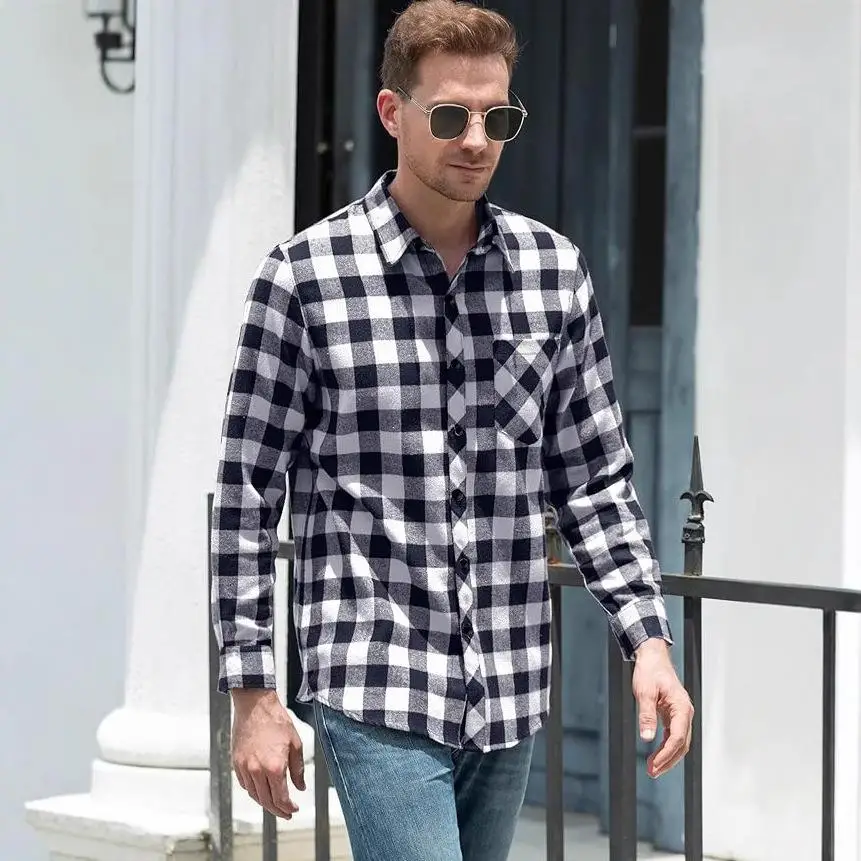 

Men's Casual Long Sve Flannel irt Brued Plaid Collar Cleanfit PU Material Resistant to Deformation Daily Wear