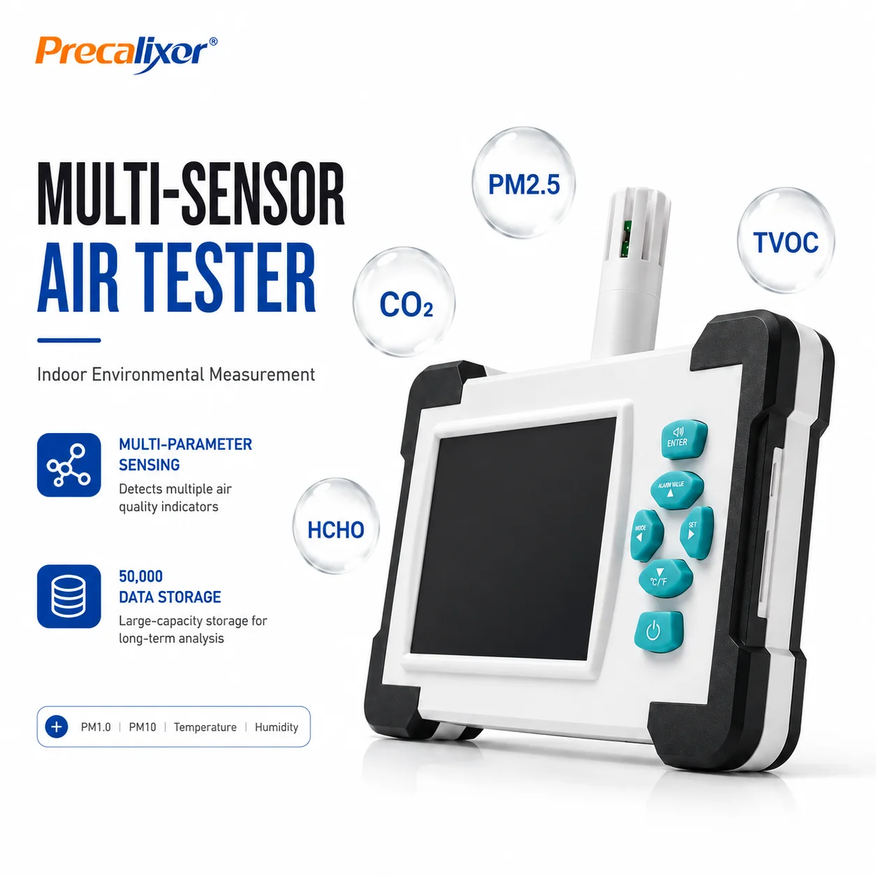 Rechargeable Air Quality Station for Home & Office, 7-in-1 Gas Analyzer Tester for CO2, HCHO, TVOC, PM2.5 & Humidity, White