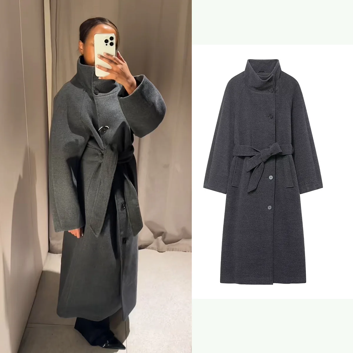 

Women's Single Breasted Woolen Loose Overcoat New Long Coat Stand-up Collar Belt Female Autumn Winter Chic Casual Overcoat
