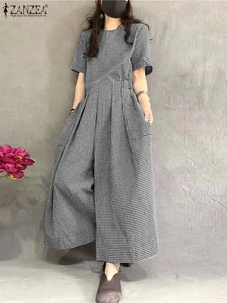 Stylish Women Overalls Pants ZANZEA Summer Wide Leg Trousers Vintage Short Sleeve Plaid Checked Jumpsuits Casual Loose Rompers