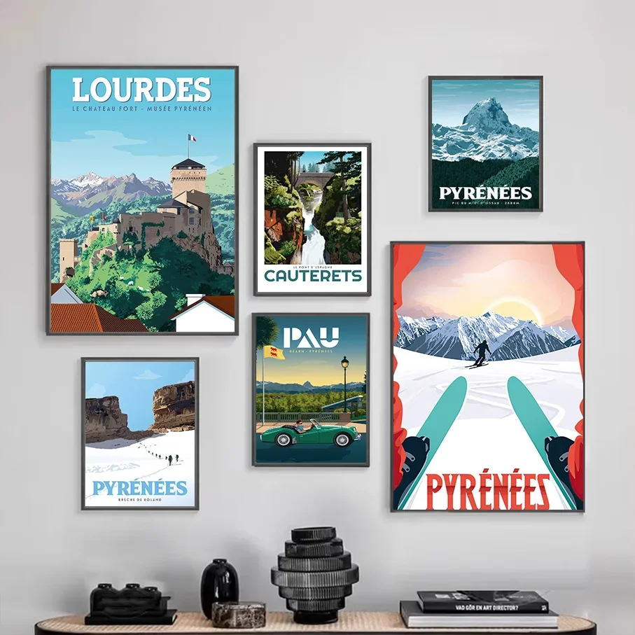 Frameless Canvas Print Vintage Pyrenees France Travel Poster Wall Art, Skiing Mountains Lourdes Cauterets Pau