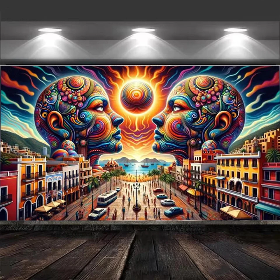 5D Diy Diamond Painting Puerto Vallarta Sunset Art,Psychedelic Street,Surreal Faces,Colorful Mexican Architecture Embroiery Kit