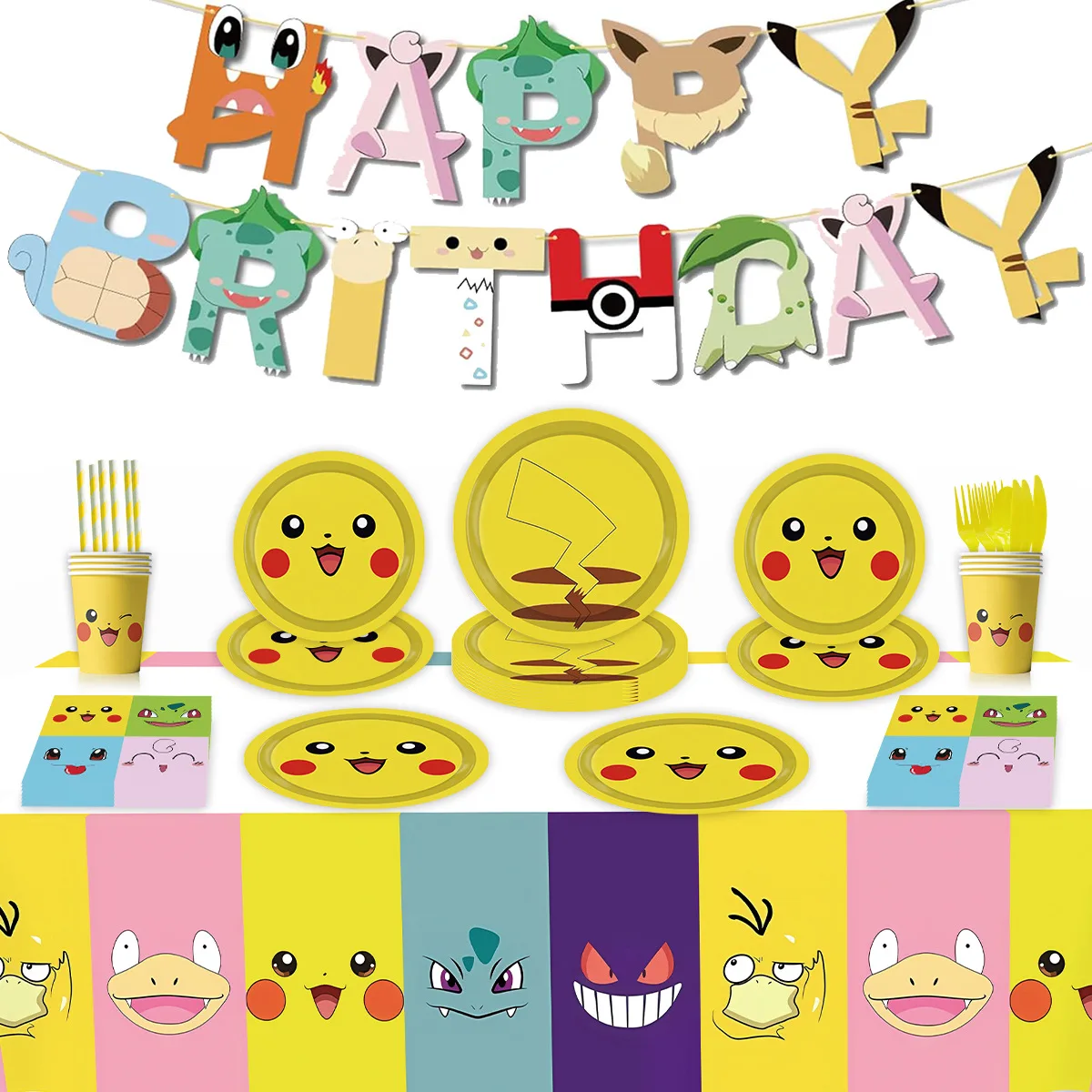 Decoraciones para fiesta de cumpleaños de Pikachu Pokemon, juego de vajilla desechable, 10 Uds., platos de 18Cm, vasos, servilletas, pancarta para celebración de fiestas
