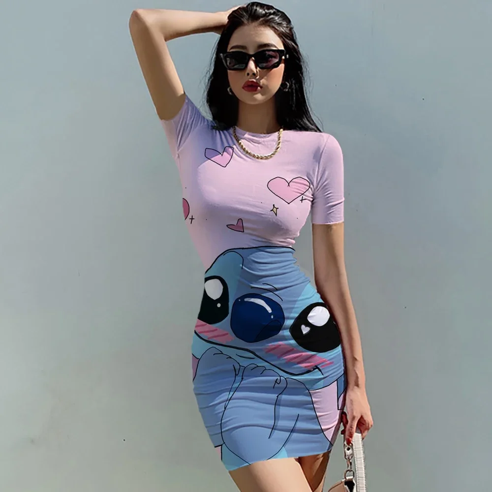 Disney Stitch Design Seaside Spice Girls Short Skirt Women\'s Tight Pack Hip Sexy Mini Slim tight Beach Dress Ladies Summer New