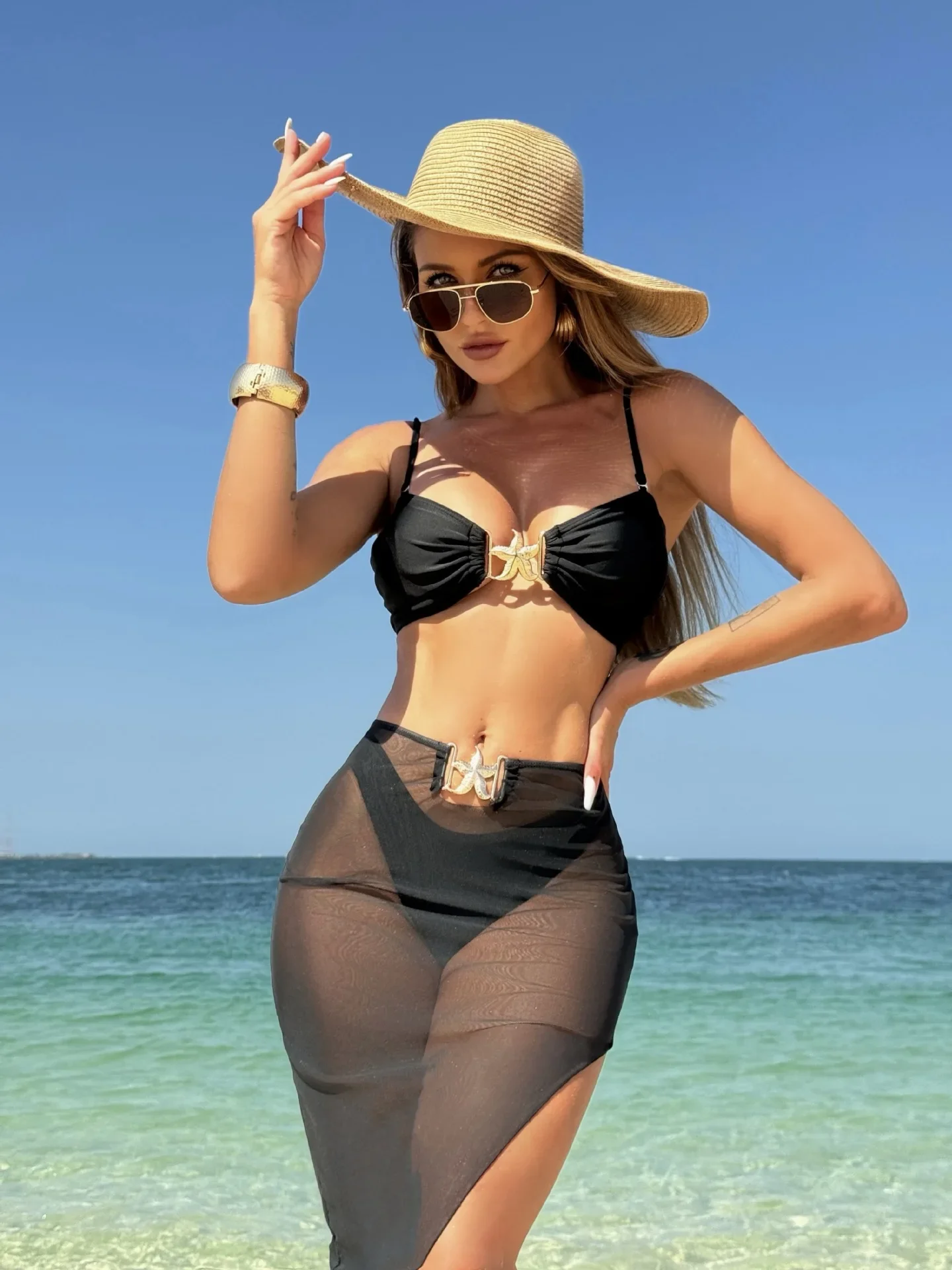 

Women's 3 Piece Swimsuit Metal Starfish Bikini Set High Waist Yarn Skirt Cover-ups Suspender Backless Swimwear 2025 Summer New