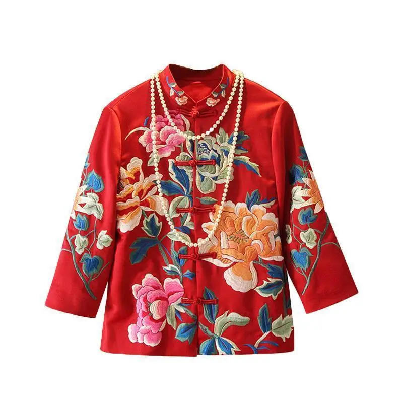 Jaket gaya Cina Tang setelan Musim Semi dan musim panas gaya nasional bordir Peony pendek gaya Cheongsam blus wanita