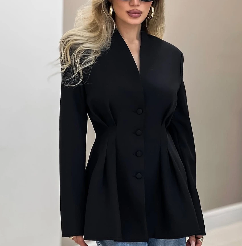 

2025 Spring and Autumn Style Fashion Style Single Button Shrink Fold Waist Collar Loose Look Slimming Suit Jacket for Women