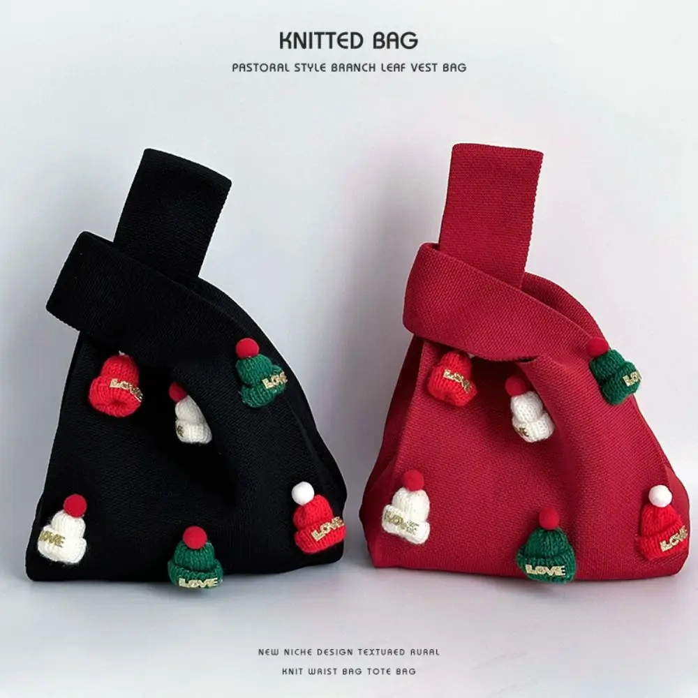 Portable Christmas Hat Knot Wrist Bag Wool Printed Christmas Knitted Bag Weave Purse Festival Gift Bag Girl