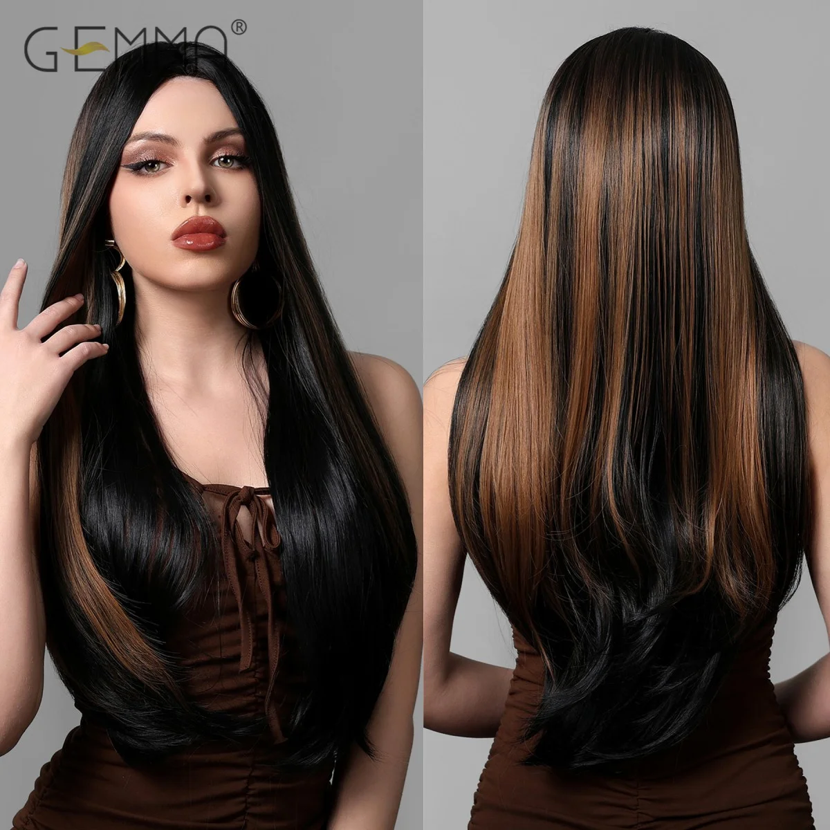 Mixed Black Brown Highlight Long Straight Wig Synthetic Daily Use Hair Wigs for Women Natural Heat Resistant Cosplay Party Wig