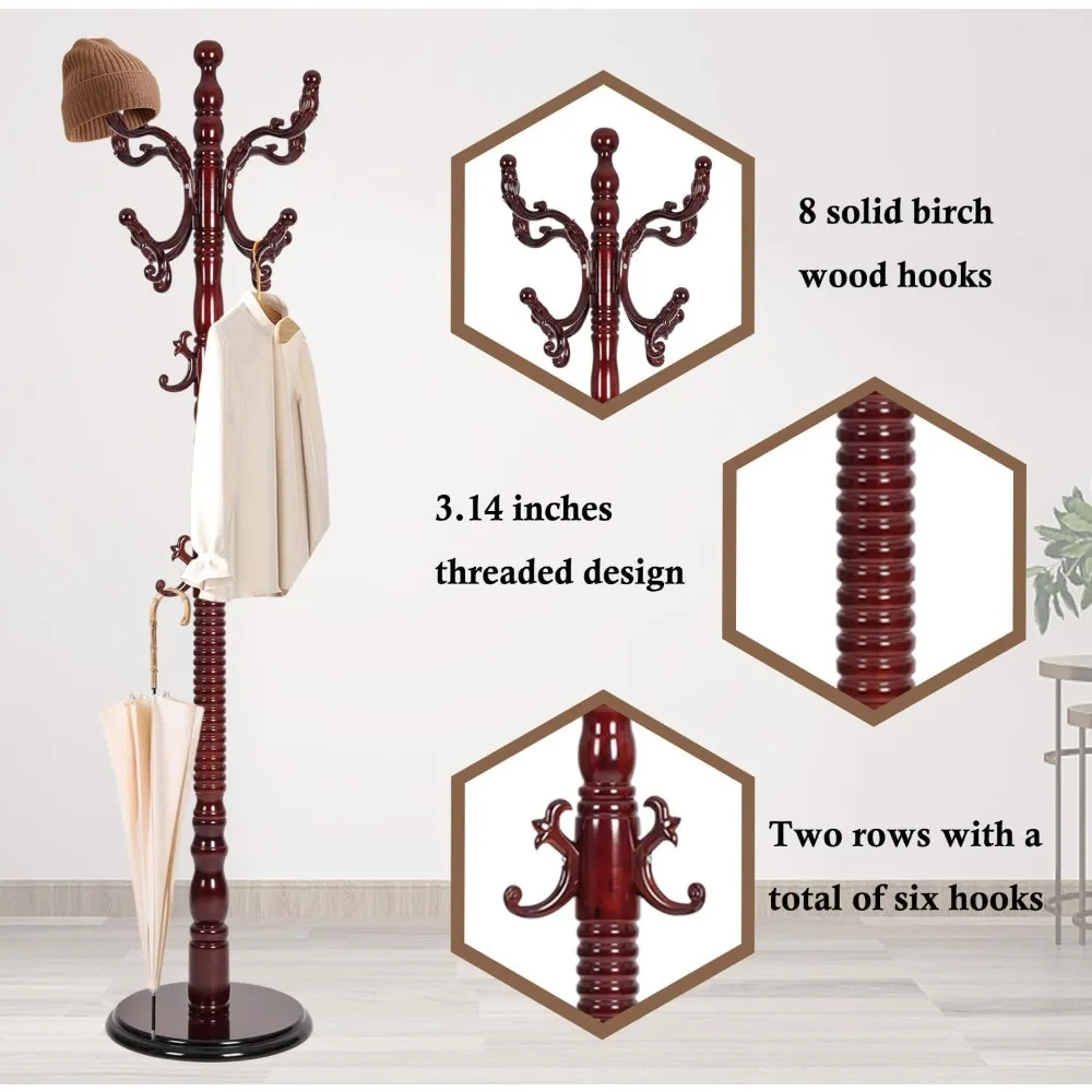 شجرة معطف خشبية قوية مع 14 خطافًا، رف عالي التحمل قائم بذاته بقاعدة مستديرة، لمسة نهائية من خشب البتولا الطبيعي