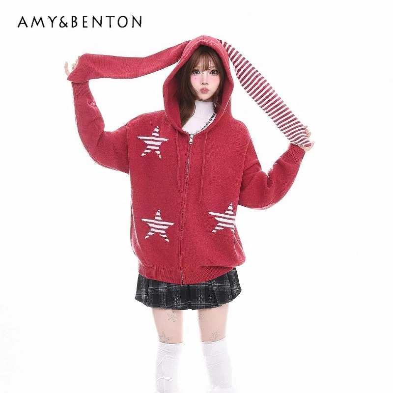 

Christmas Red Hooded Women's Sweaters Coat 2025 Autumn Winter Design Sweet Loose Versatile Y2k New Year Cardigan Coats Ladies
