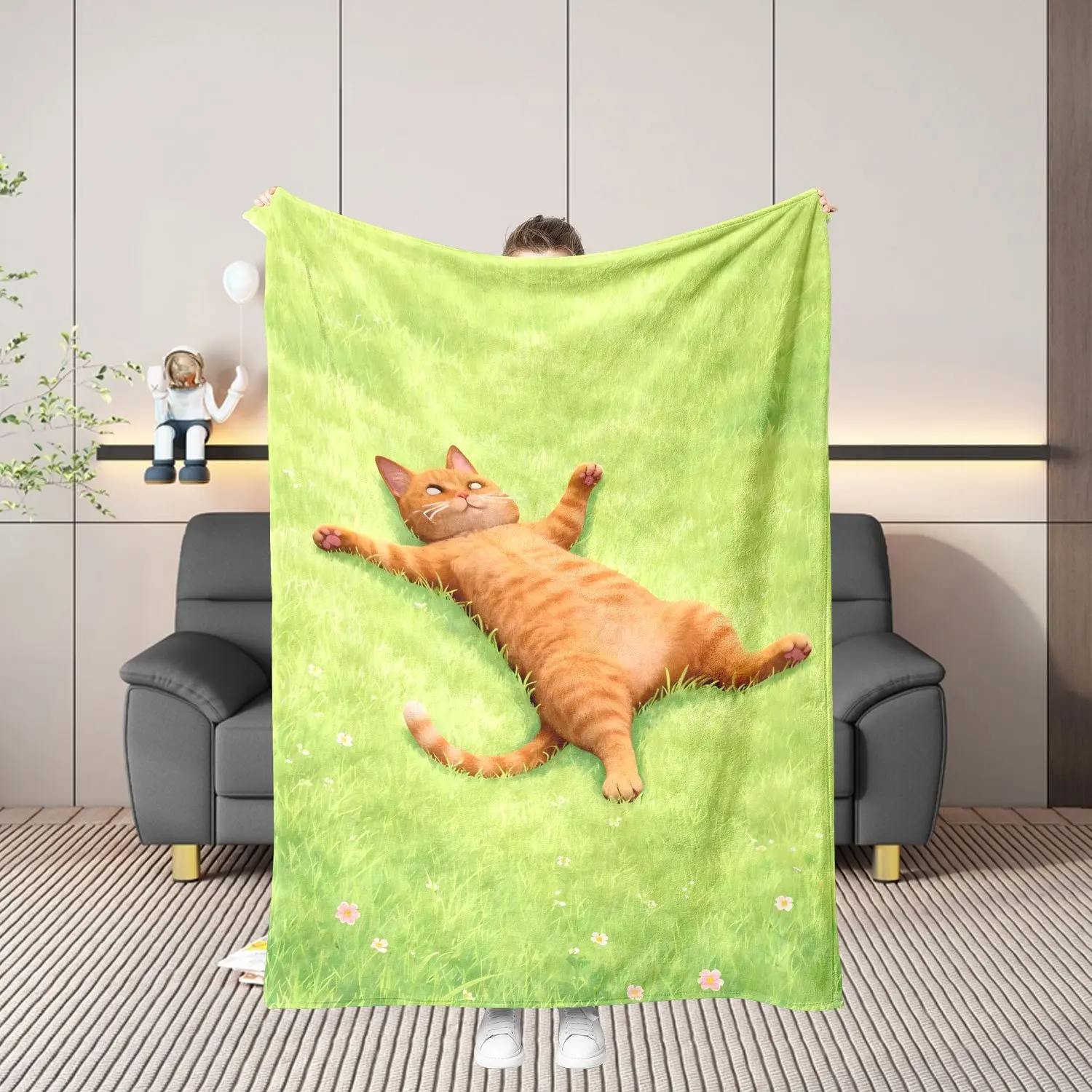 Funny Orange Cat On Grass Throw Blanket Playful Kitten Print Soft Cozy Wrap For Cat Lovers Bedroom And Relaxing Home Decor
