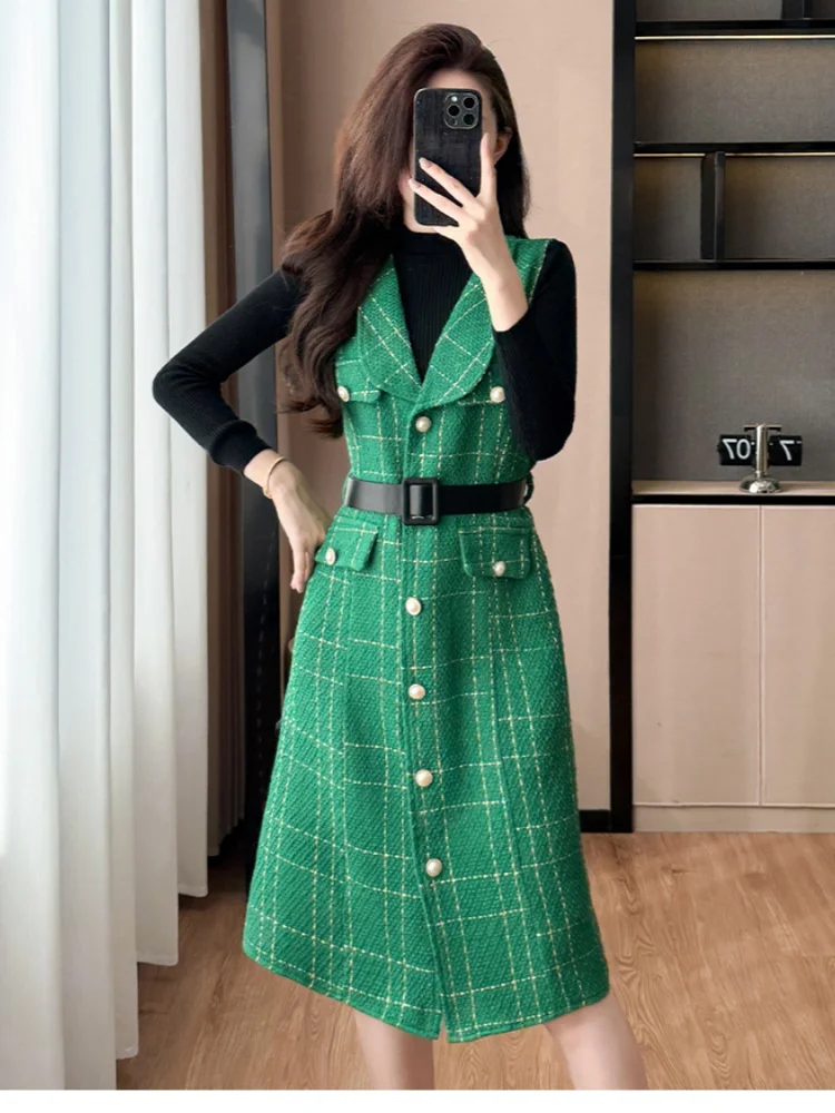 

Women French Socialite high-end plaid woolen sleeveless dress paired high necked long sleeved knitted sweater two-piece set