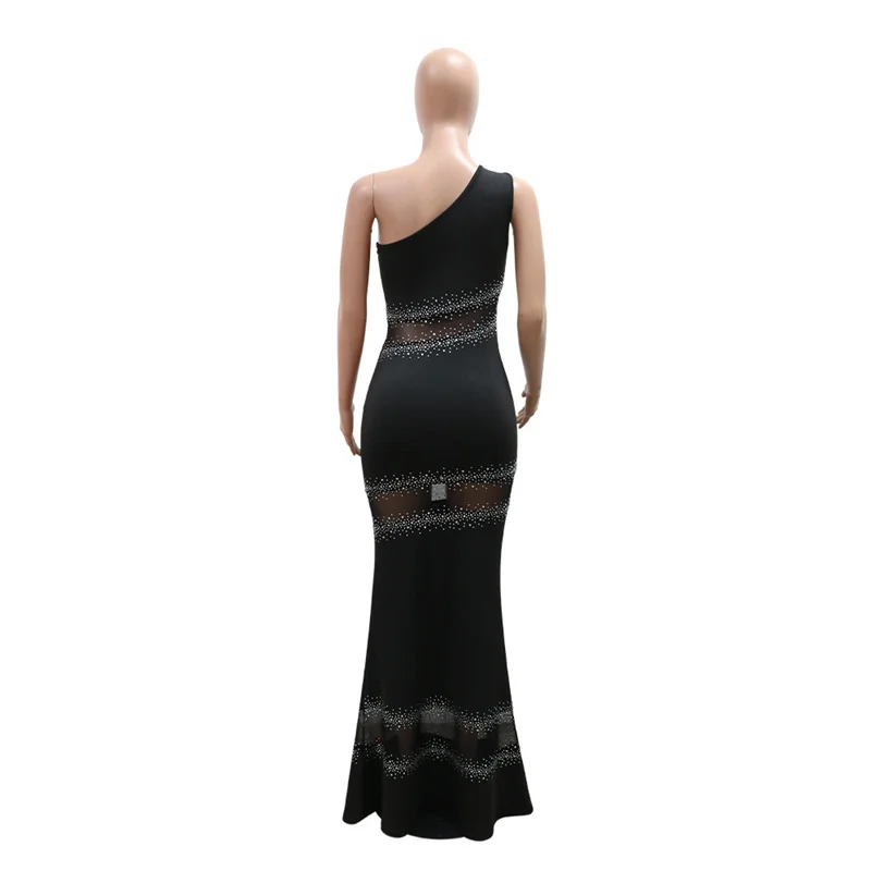 2024 Frauen eine Schulter diagonal Kragen ärmellose sexy lange Party Geburtstags kleider Mesh Patchwork Strass Abend Club Kleid