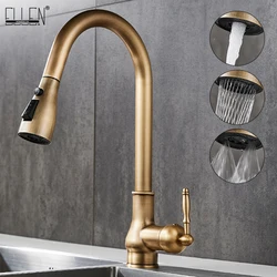 ELLEN-Pull Out Kitchen Faucets, Bronze antigo, Pia de cozinha, Torneira misturadora de água, Torneira do guindaste, Frio quente com pulverizador, EL9021