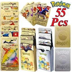 110-27 sztuk Pokemon złota folia karta Charizard VMAX GX VSTAR karty angielski francuski niemiecki hiszpański Pikachu Arceus srebrne karty Pokemon