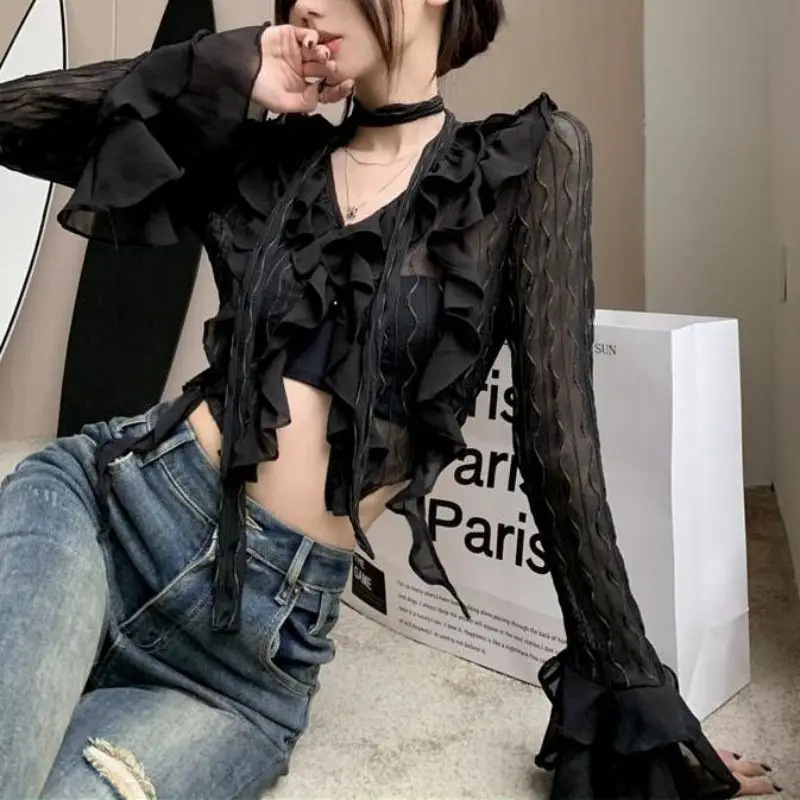 Women Cropped Lace Shirts Women Sexy V-Neck Mesh Blouses Solid Color Summer Vintage Streetwear Female Long Sleeve Short Cardigan - Detail 1