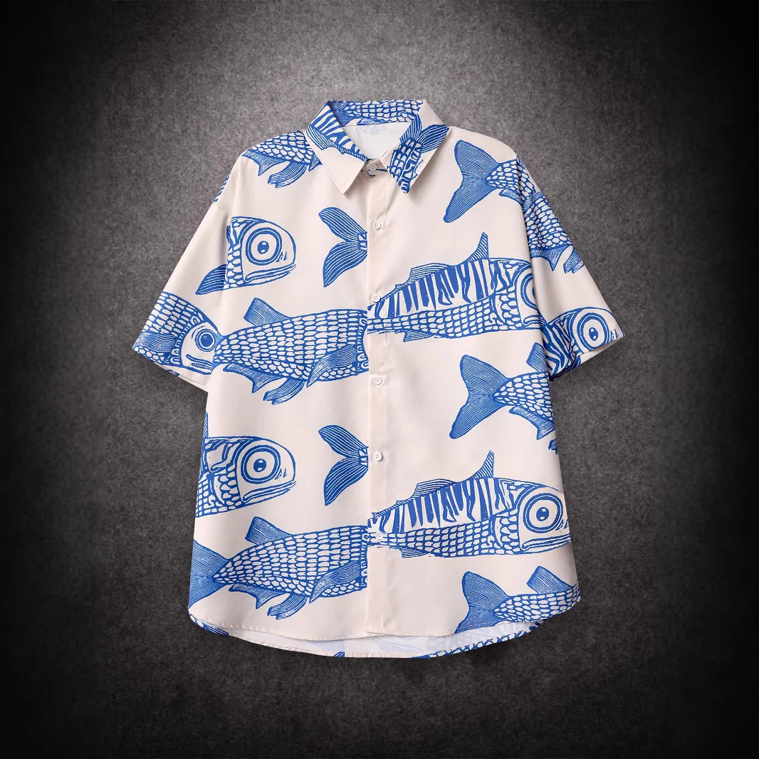 

New Hawaiian Mens Tattoo Style Fish Name Art Printed Casual Shirt Beach Vacation Mens Shirt