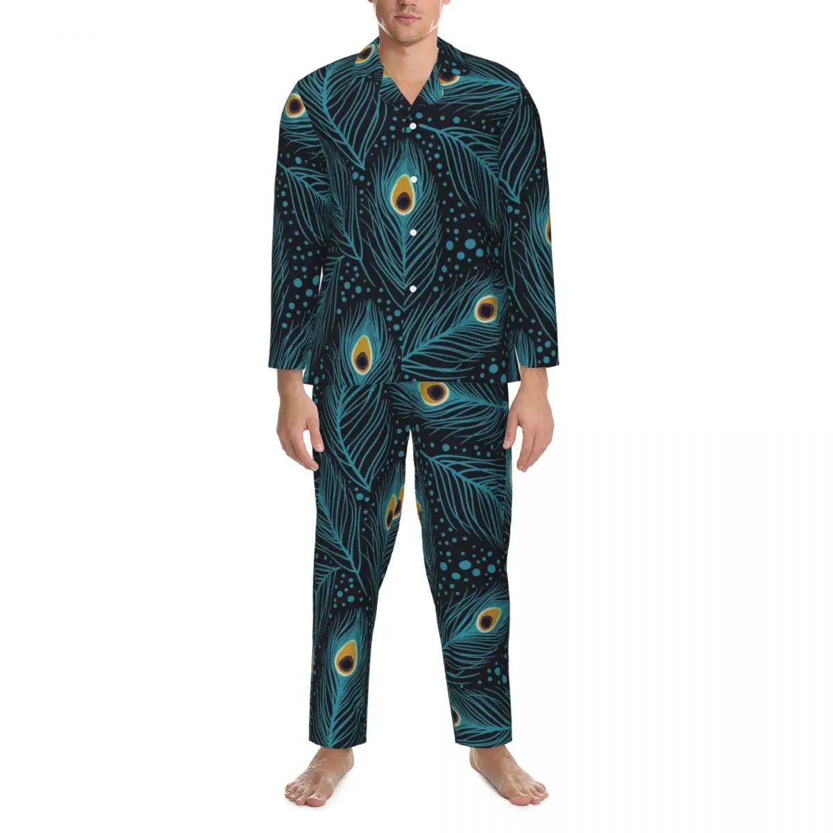 Peacock Feathers Print Sleepwear Autumn Casual Oversize Pajamas Set Male Long Sleeves Trendy Home Custom Nightwear