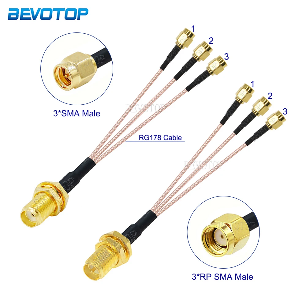1Pcs 1xSMA/RP Female Jack to 3xSMA Male Plug 1 to 3 SMA Splitter Cable RG178 Pigtail Jumper WIFI Antenna Extension Coaxial Cable