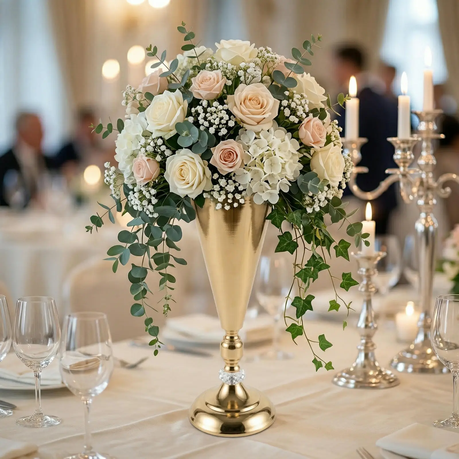 Gold Flower Vase Set for Wedding Centerpieces - Metal Trumpet Vases for Tables, Reception, Party, Modern Floral Decor