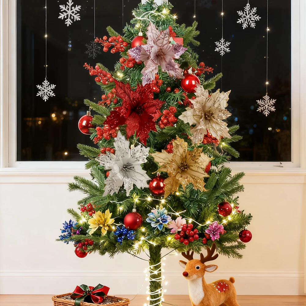 2 Stück künstliche Weihnachtsblumen, glitzernde und mit Pailletten verzierte Weihnachtssterne aus Stoff, künstliche Weihnachtsblumen zum Selbermachen – Detail 2