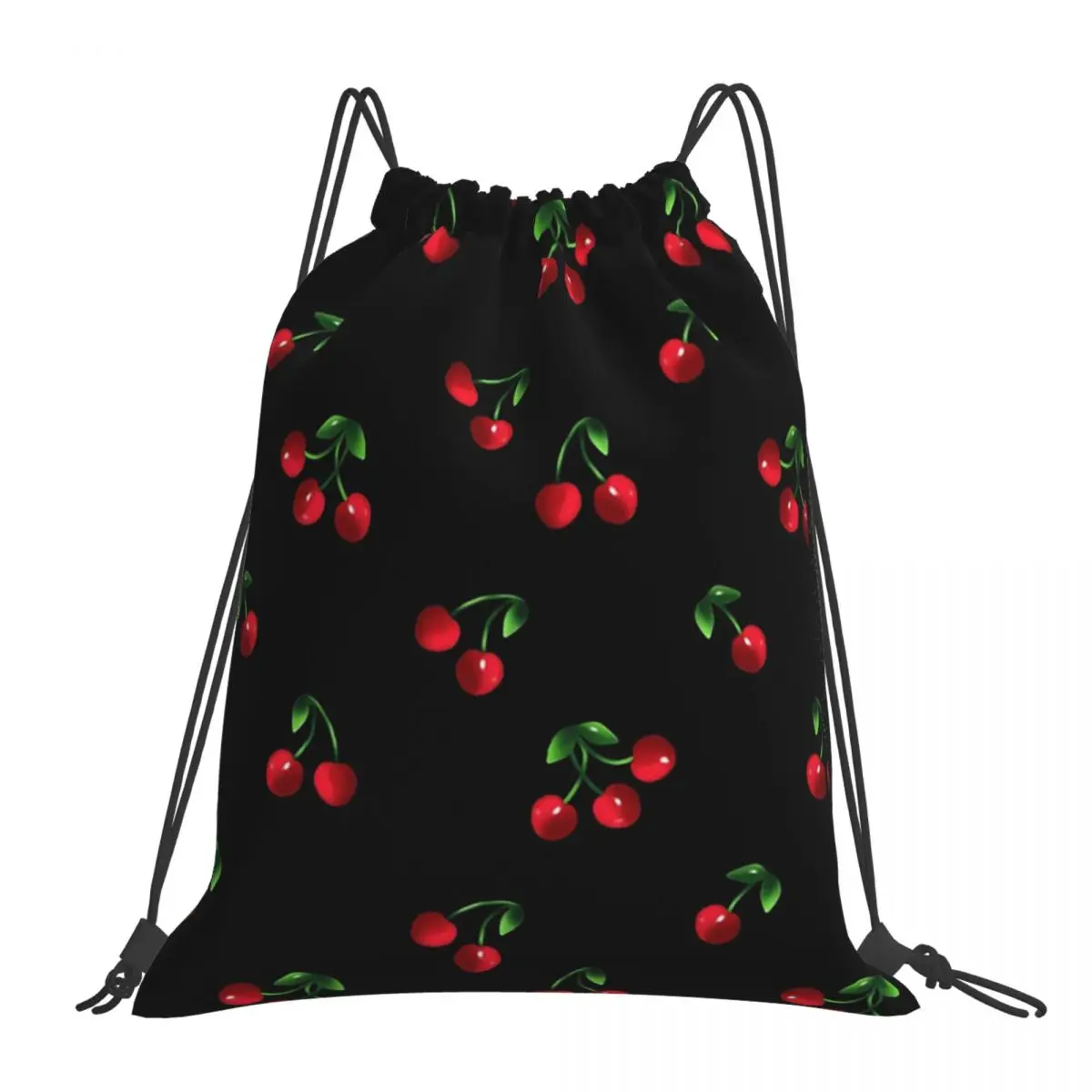 Black Sweet Cherry Pattern Backpacks Portable Drawstring Bags Drawstring Bundle Pocket Sundries Bag Book Bags For Travel School